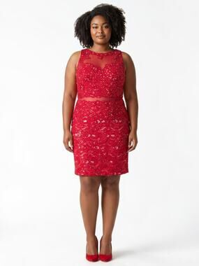 Plus ANNY LEE AB Crystal  Rhinestone Mesh Applique Event Dress Red 3XL